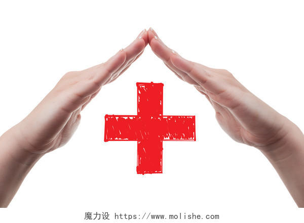 白人女性手充当一个屋顶和保护红十字标志